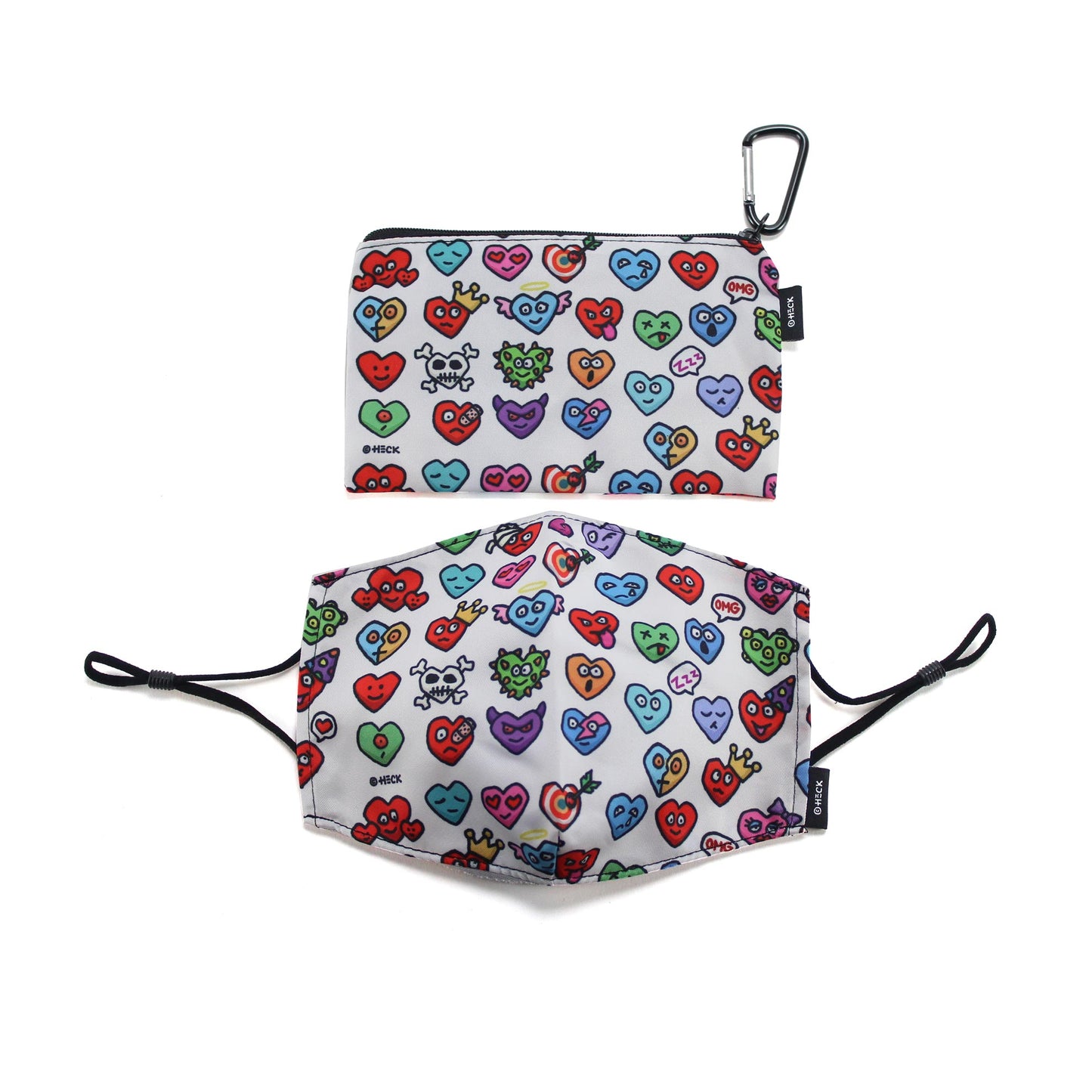 Ed Heck Adult Face Mask & Travel Pouch- Hearts Emotions
